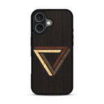 Coque de protection en bois véritable fabriquée en France pour  sur le thème de l'art géométrique qui allie du chêne fumé, du noyer, du bambou et du padouk représentant le triangle de penrose