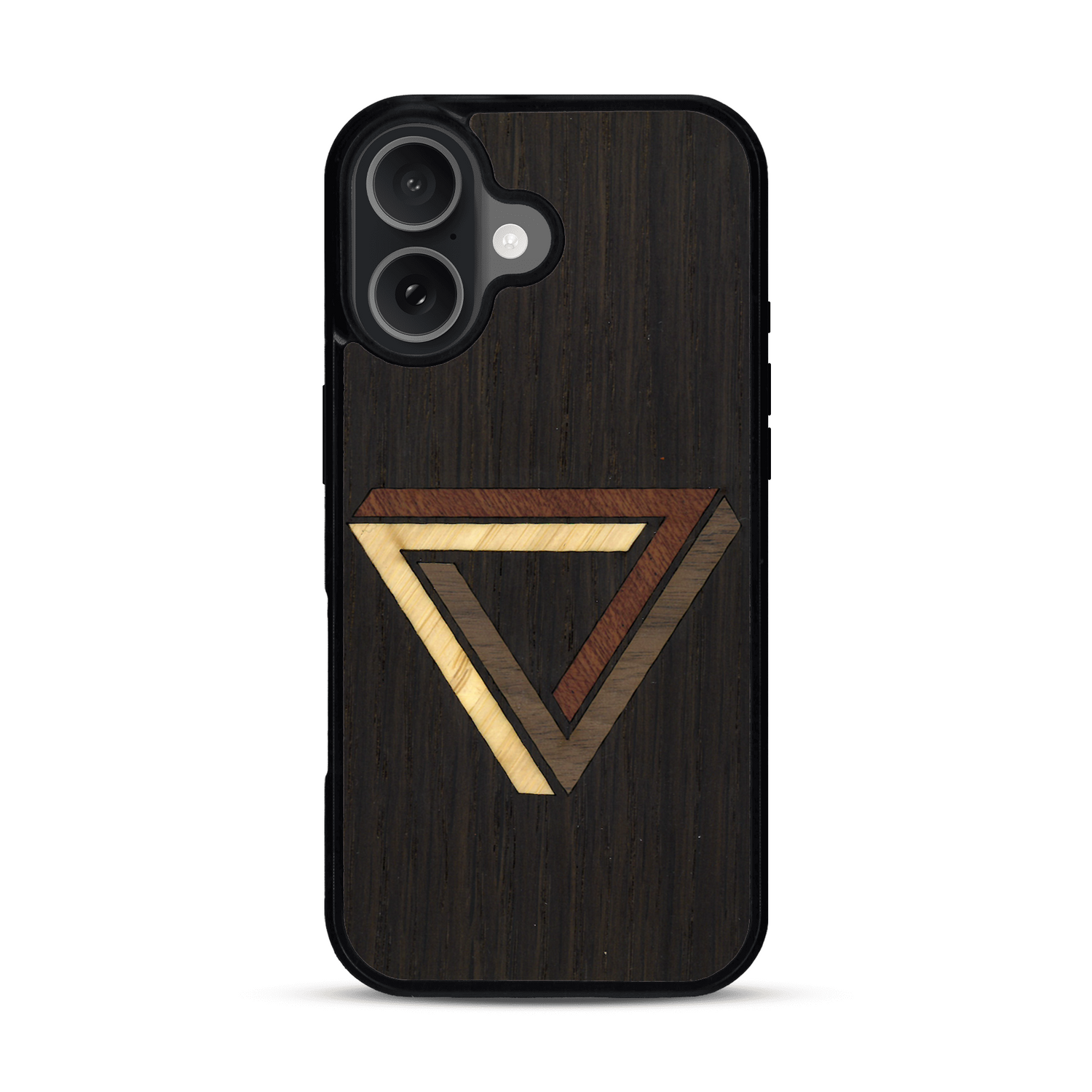 Coque de protection en bois véritable fabriquée en France pour  sur le thème de l'art géométrique qui allie du chêne fumé, du noyer, du bambou et du padouk représentant le triangle de penrose