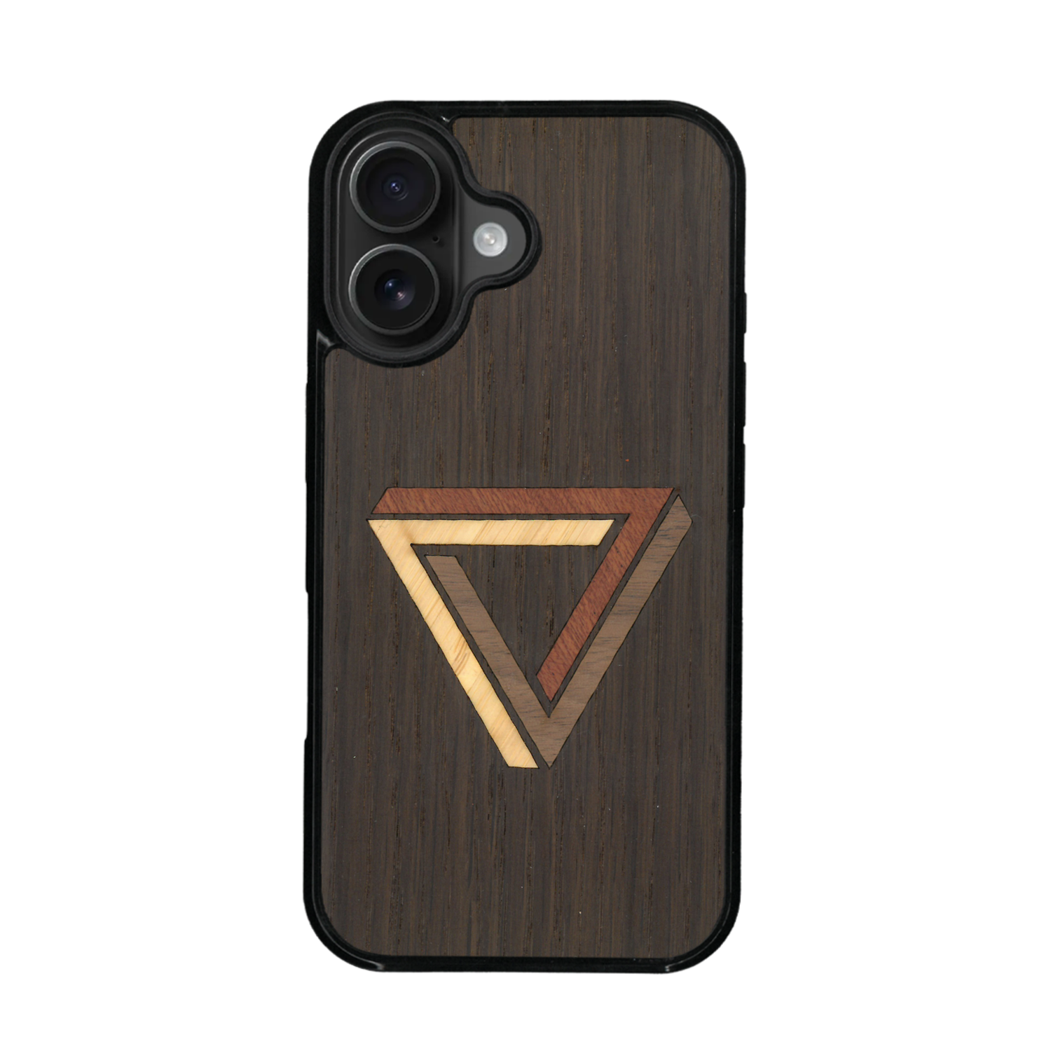Coque de protection en bois véritable fabriquée en France pour iPhone 17 sur le thème de l'art géométrique qui allie du chêne fumé, du noyer, du bambou et du padouk représentant le triangle de penrose
