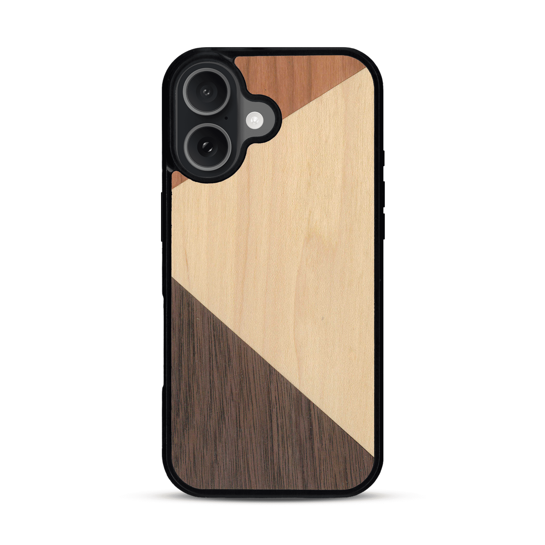Coque de protection en bois véritable fabriquée en France pour  alliant du merisier, du noyer et du bambou formant chacun deux triangles et un trapèze avec deux jointures en diagonale sur le thème de l'art abstrait