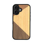 Coque de protection en bois véritable fabriquée en France pour iPhone 17 alliant du merisier, du noyer et du bambou formant chacun deux triangles et un trapèze avec deux jointures en diagonale sur le thème de l'art abstrait