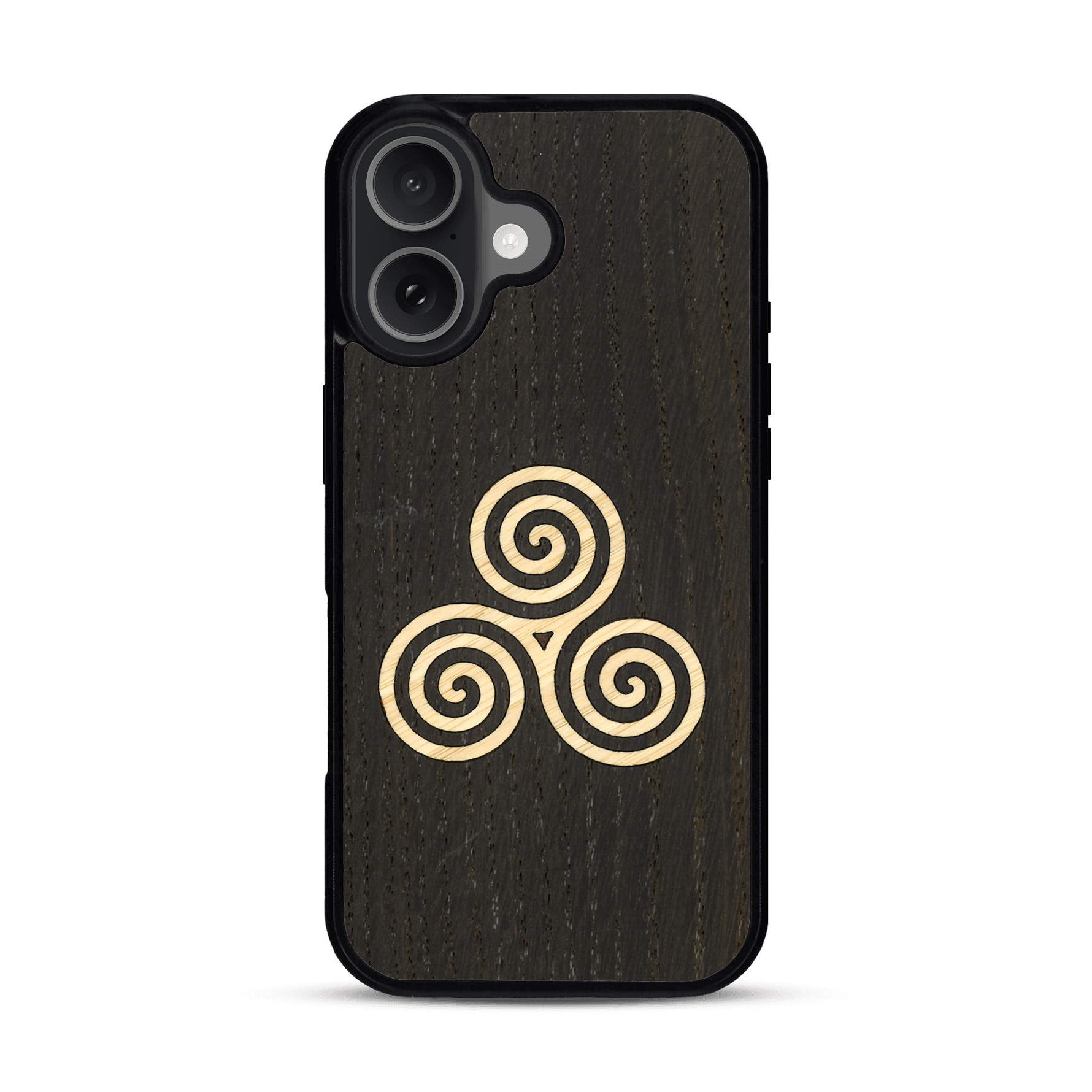 Coque de protection en bois véritable fabriquée en France pour  alliant du chêne fumé et du bambou et doré représentant un triskell