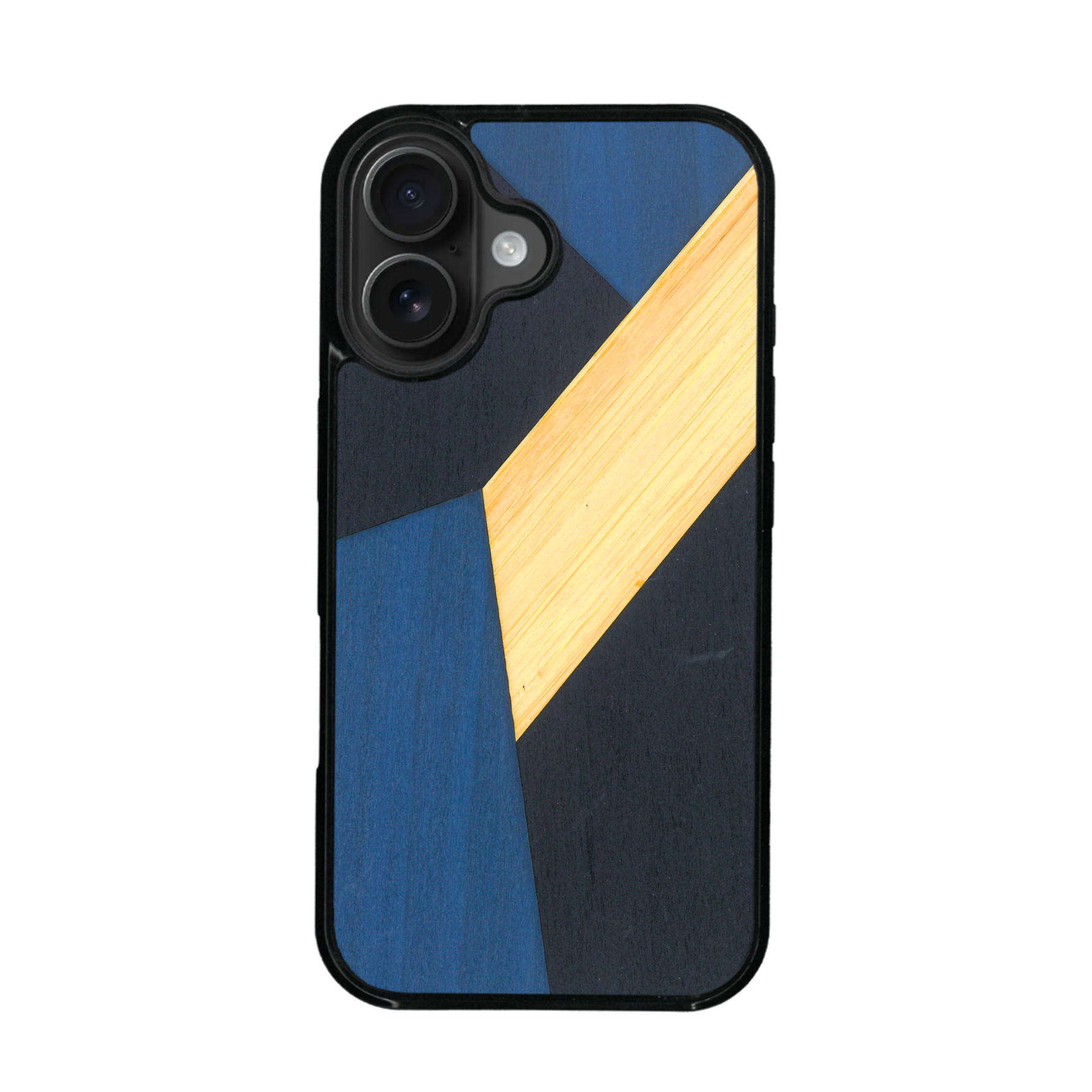 Coque de protection en bois véritable fabriquée en France pour iPhone 17 alliant du bambou, du tulipier bleu et noir en forme de mosaïque minimaliste sur le thème de l'art abstrait