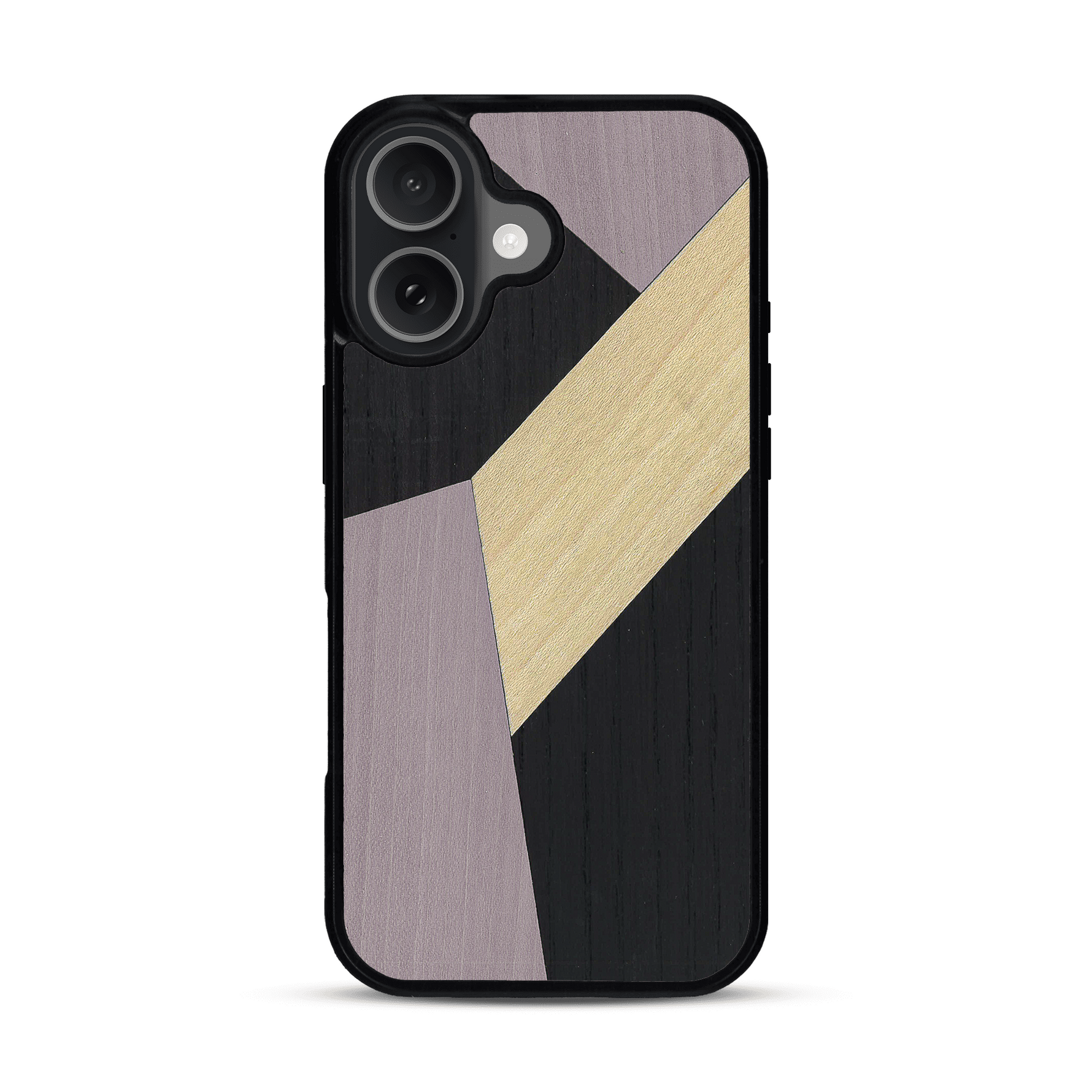 Coque de protection en bois véritable fabriquée en France pour  alliant du bambou, du tulipier mauve et noir en forme de mosaïque minimaliste sur le thème de l'art abstrait