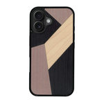 Coque de protection en bois véritable fabriquée en France pour iPhone 17 alliant du bambou, du tulipier mauve et noir en forme de mosaïque minimaliste sur le thème de l'art abstrait