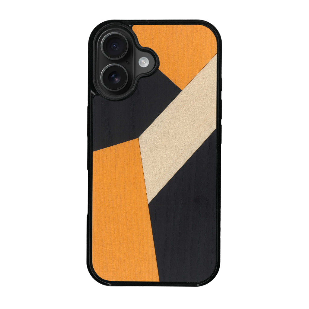 Coque de protection en bois véritable fabriquée en France pour iPhone 17 alliant du bambou, du tulipier orange et noir en forme de mosaïque minimaliste sur le thème de l'art abstrait