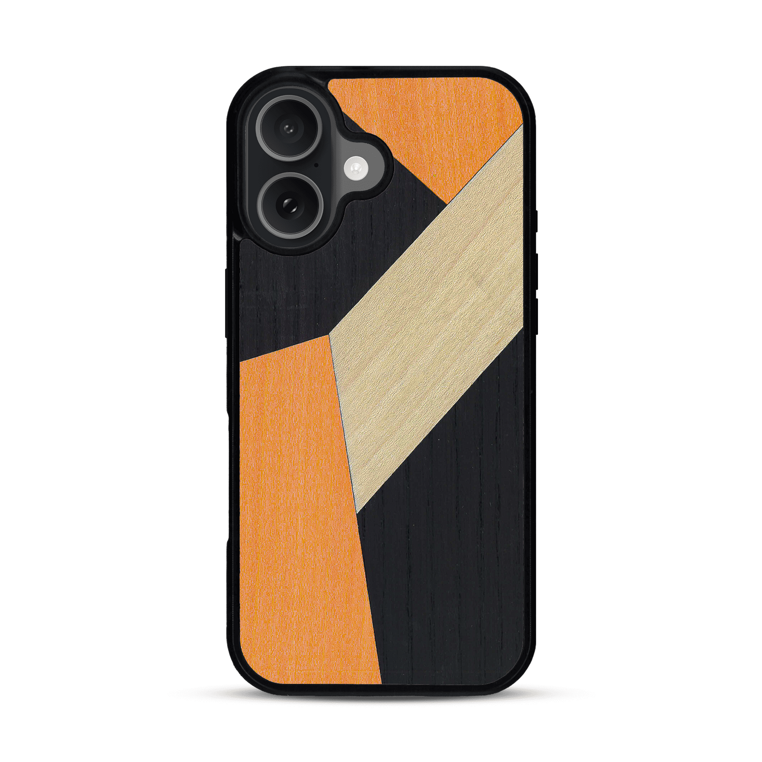 Coque de protection en bois véritable fabriquée en France pour  alliant du bambou, du tulipier orange et noir en forme de mosaïque minimaliste sur le thème de l'art abstrait