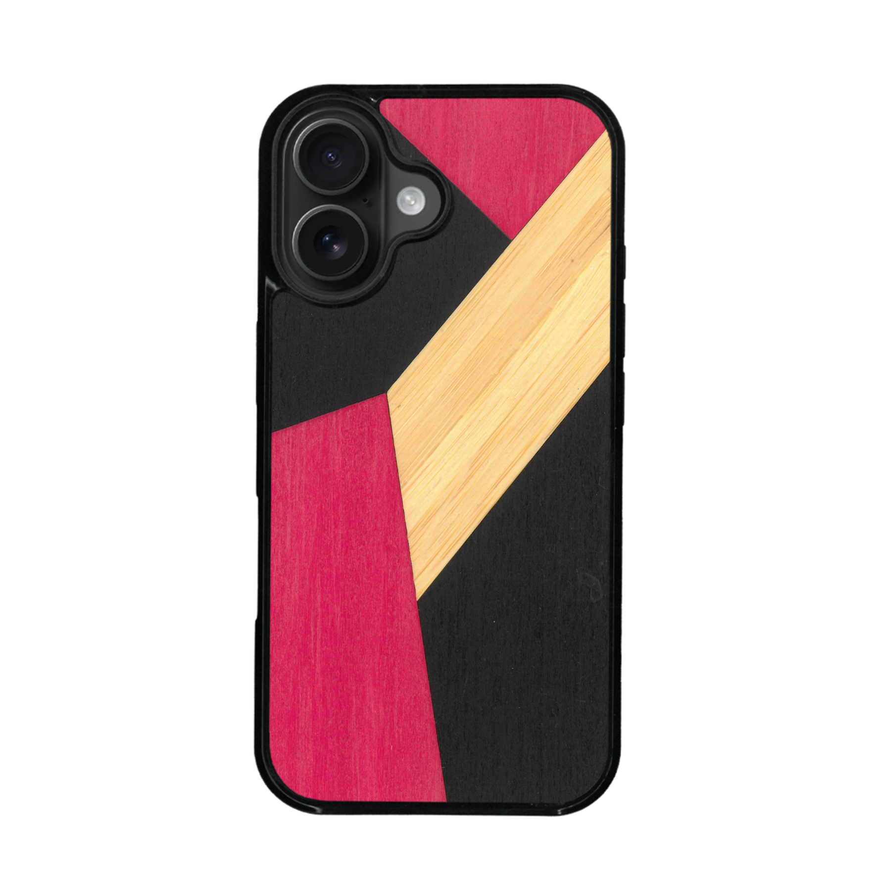 Coque de protection en bois véritable fabriquée en France pour iPhone 17 alliant du bambou, du tulipier rose et noir en forme de mosaïque minimaliste sur le thème de l'art abstrait
