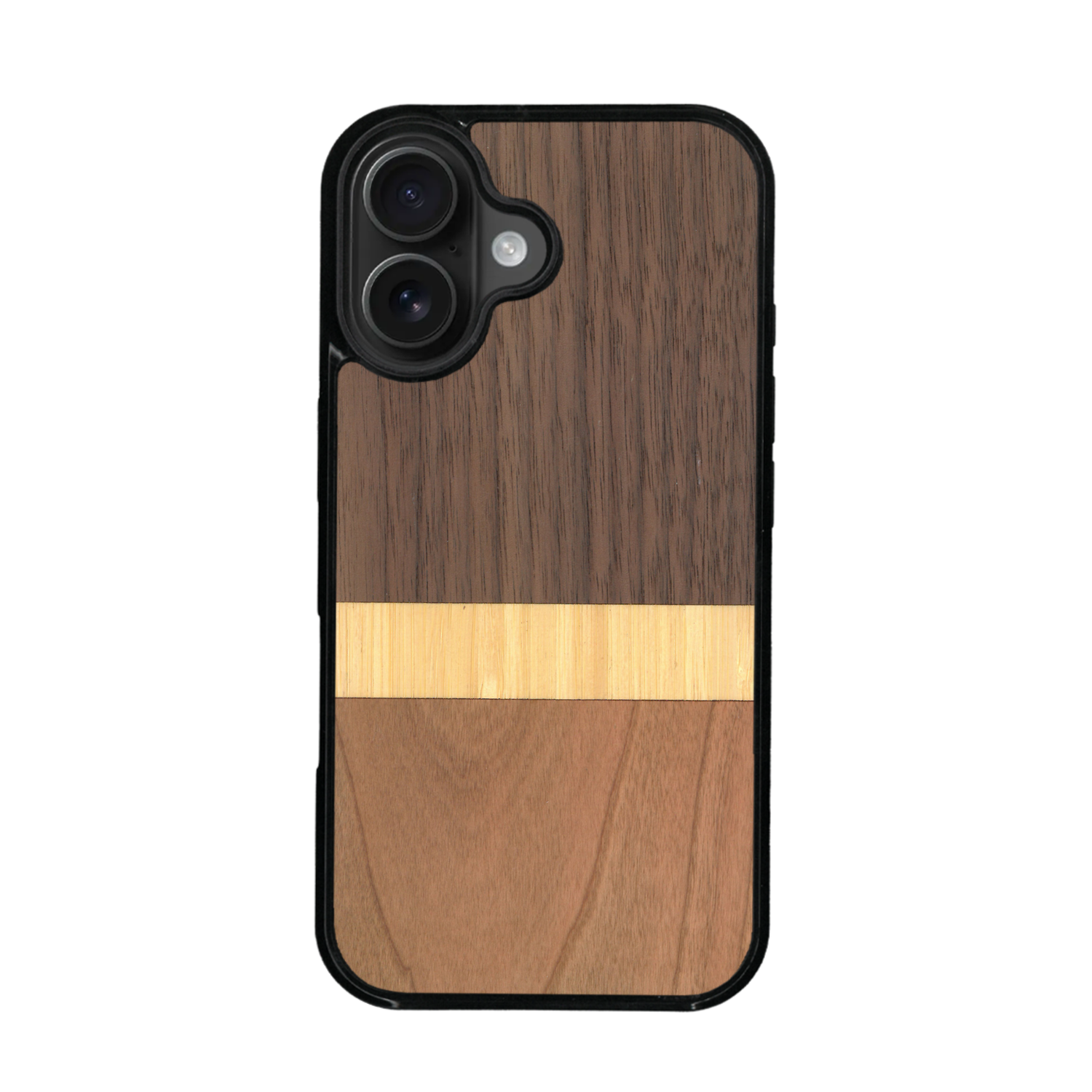 Coque de protection en bois véritable fabriquée en France pour iPhone 17 alliant des bandes horizontales de bambou, merisier et noyer