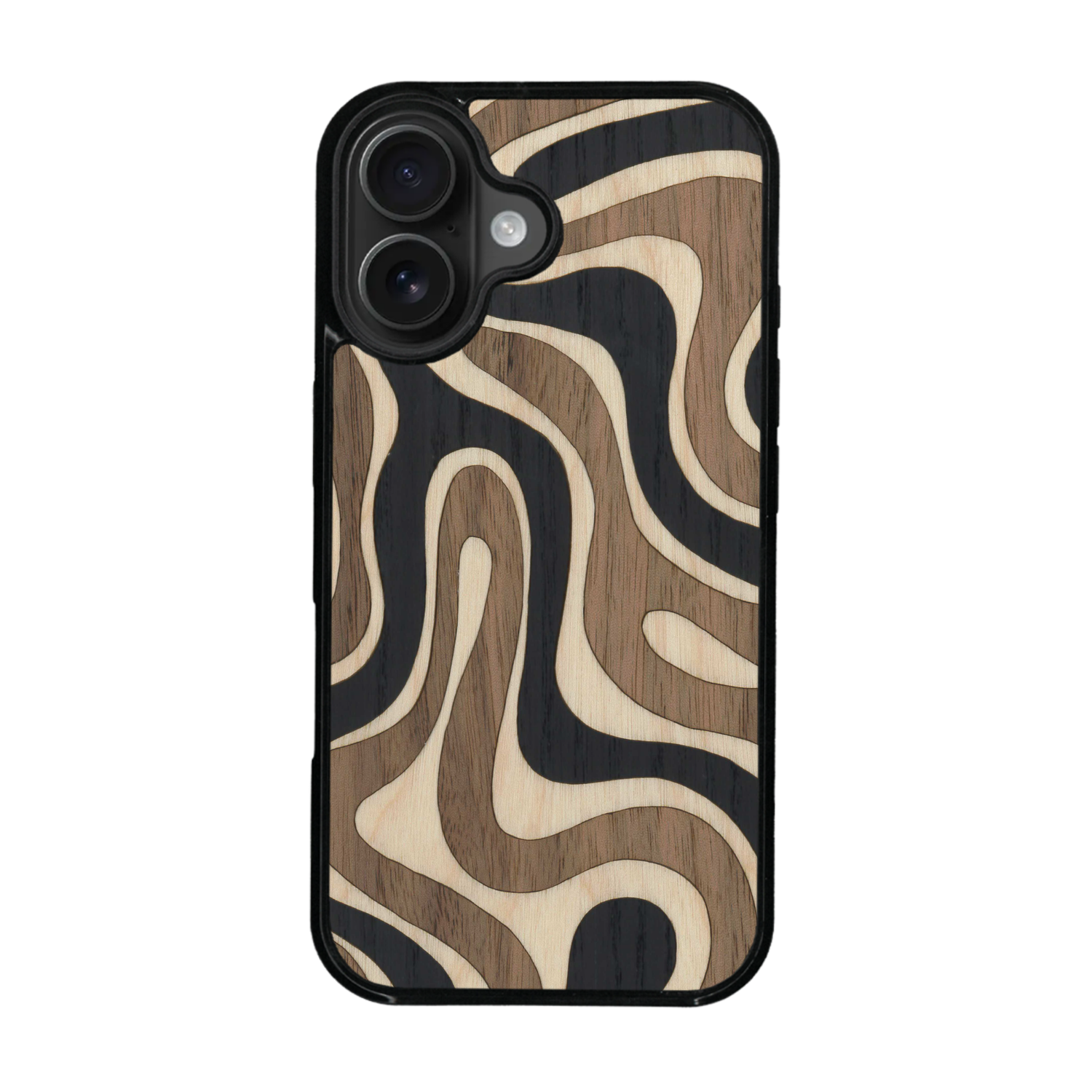 Coque de protection en bois véritable fabriquée en France pour iPhone 17 alliant plusieurs essences de bois pour représenter une ondulation