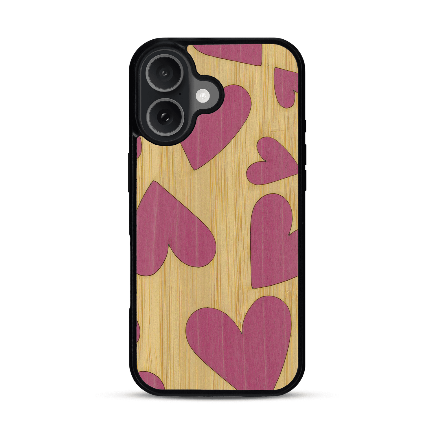 Coque de protection en bois véritable fabriquée en France pour  alliant plusieurs essences de bois pour représenter des coeurs pour les amoureux
