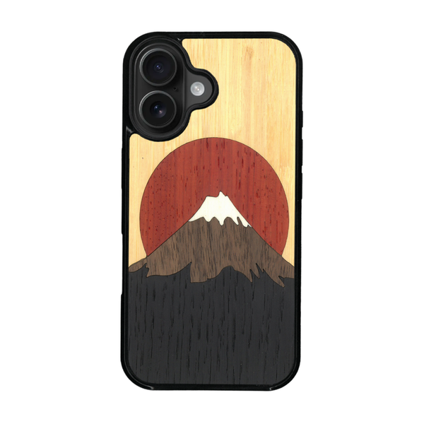 Coque de protection en bois véritable fabriquée en France pour iPhone 17 alliant plusieurs essences de bois pour représenter le mont Fuji