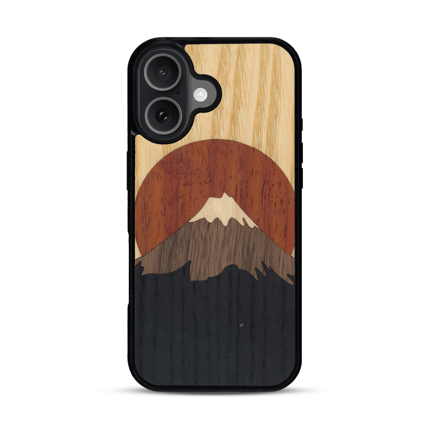 Coque de protection en bois véritable fabriquée en France pour  alliant plusieurs essences de bois pour représenter le mont Fuji
