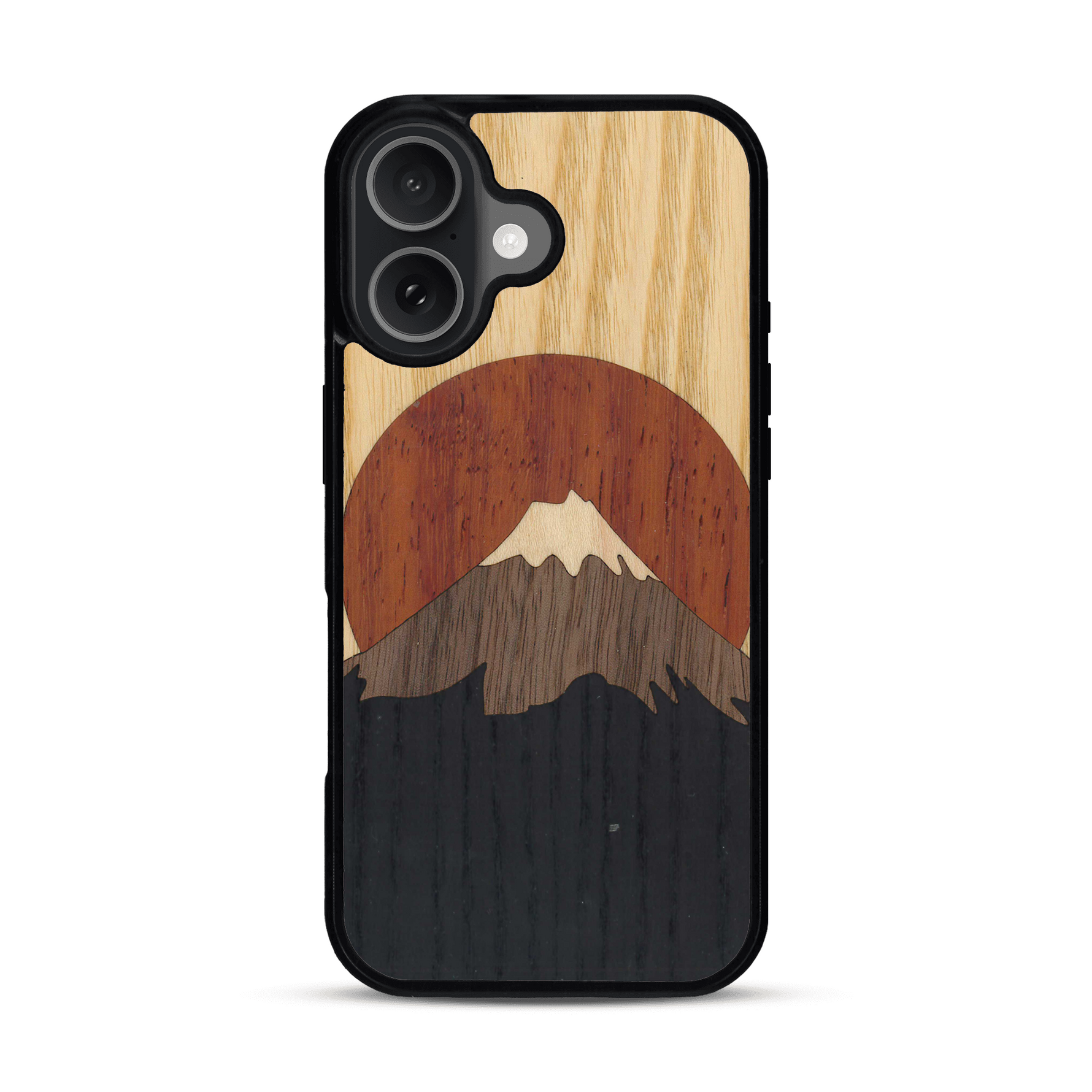 Coque de protection en bois véritable fabriquée en France pour  alliant plusieurs essences de bois pour représenter le mont Fuji