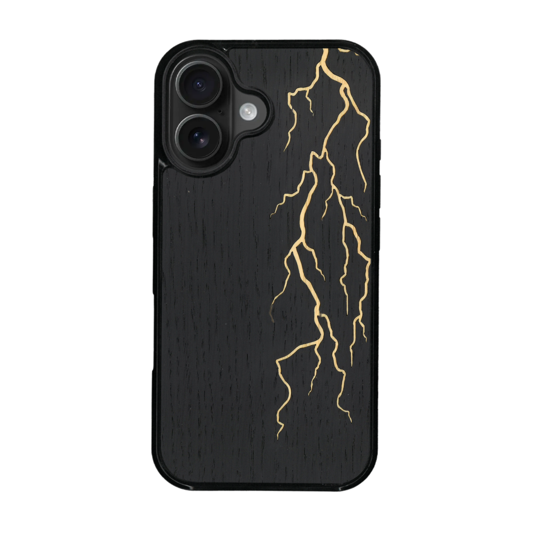 Coque de protection en bois véritable fabriquée en France pour iPhone 17 alliant plusieurs essences de bois pour représenter un éclair divin
