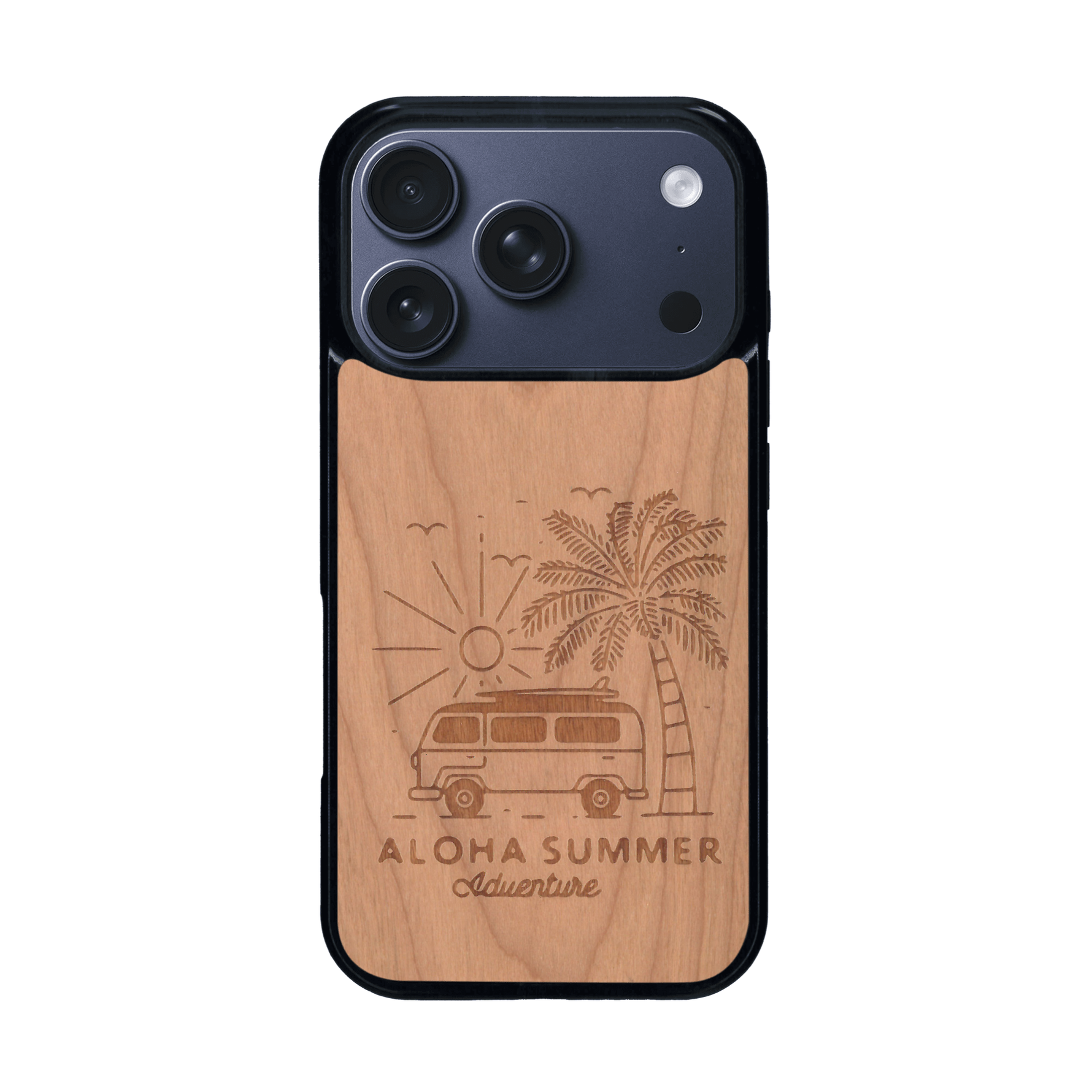 Coque de protection en bois véritable fabriquée en France pour iPhone 17 Pro sur le thème de la plage, de l'été et vanlife.