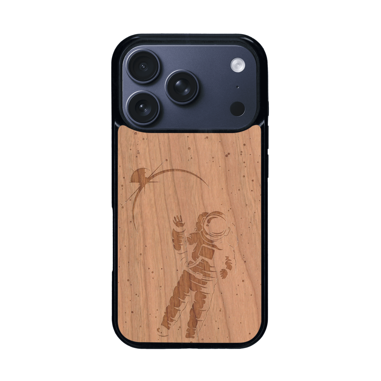 Coque de protection en bois véritable fabriquée en France pour iPhone 17 Pro sur le thème des astronautes