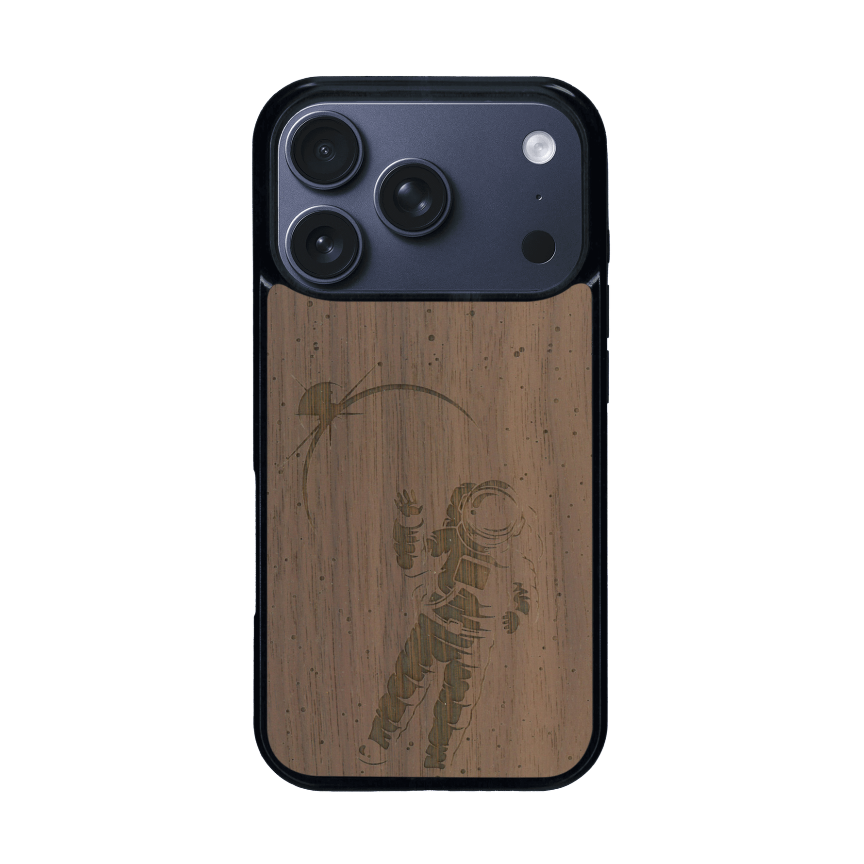 Coque de protection en bois véritable fabriquée en France pour iPhone 17 Pro sur le thème des astronautes