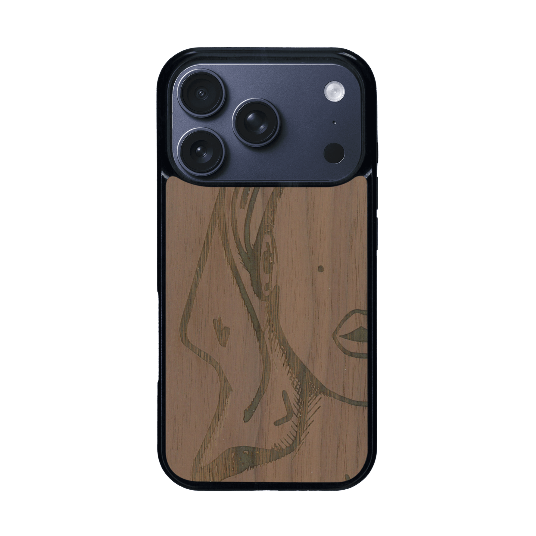 Coque de protection en bois véritable fabriquée en France pour iPhone 17 Pro représentant une silhouette féminine épurée de type line art en collaboration avec l'artiste Maud Dabs
