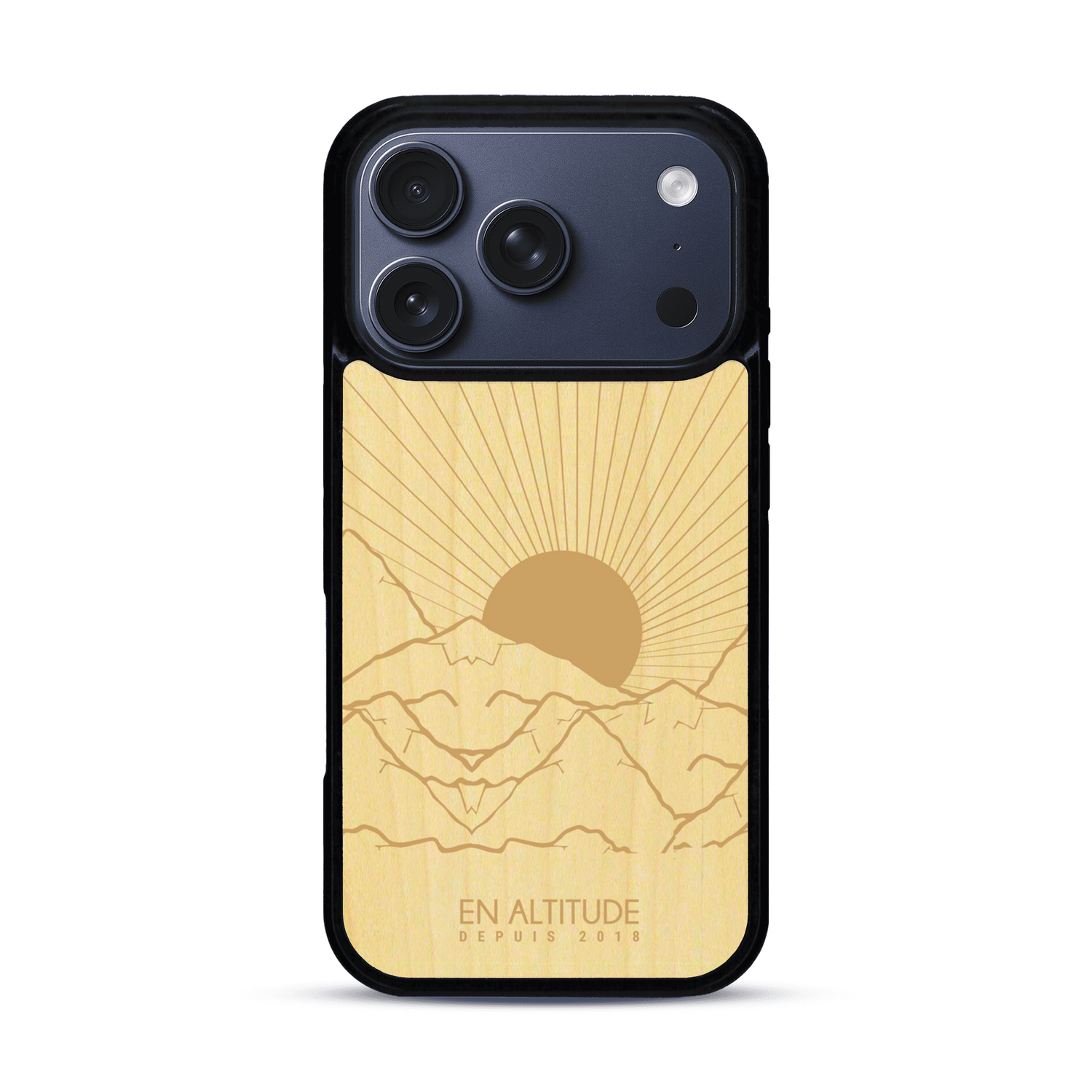 Coque de protection en bois véritable fabriquée en France pour  représentant des montagnes, sur le thème de la randonnée en pleine nature et du trail