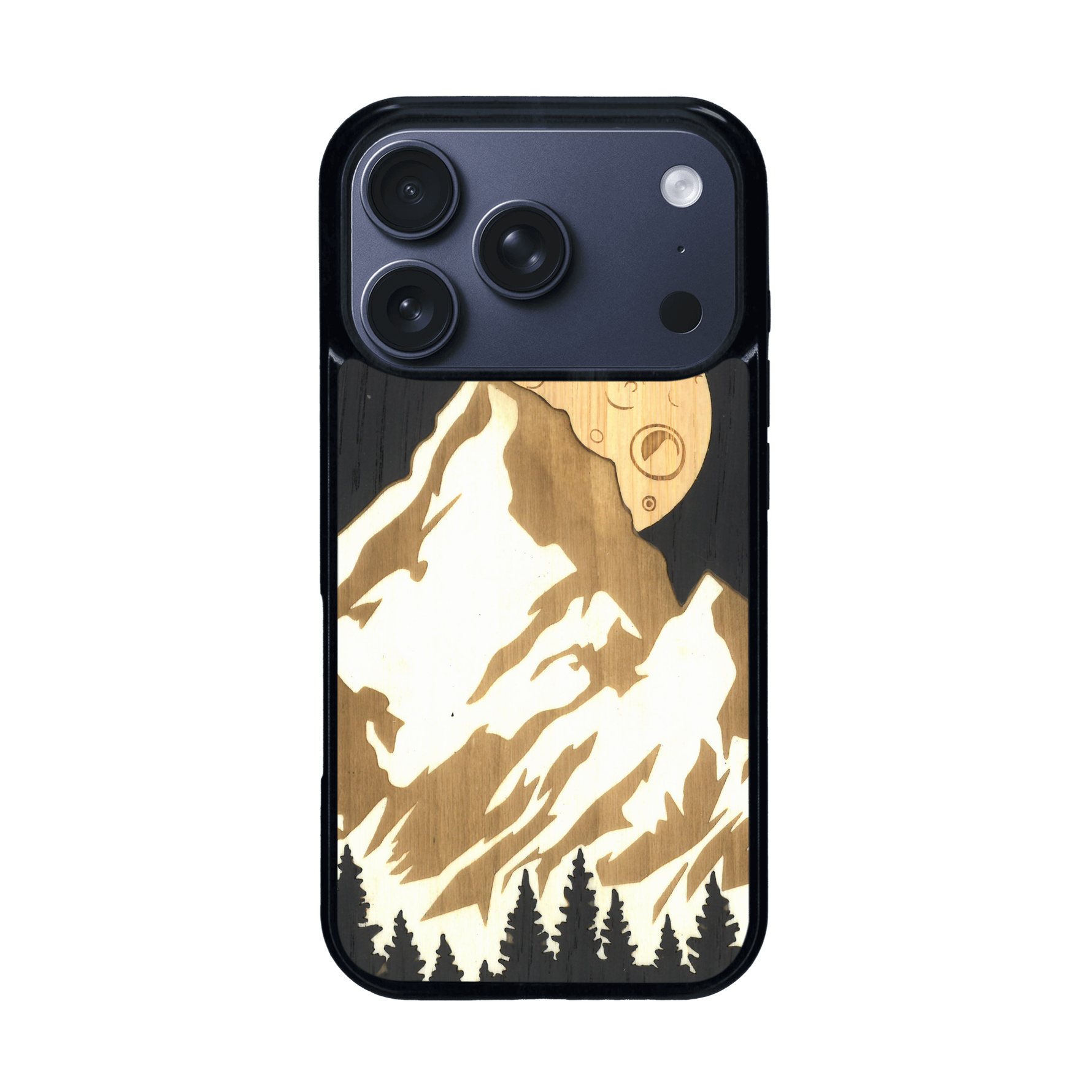 Coque de protection en bois véritable fabriquée en France pour iPhone 17 Pro alliant plusieurs essences de bois pour représenter le mont Everest
