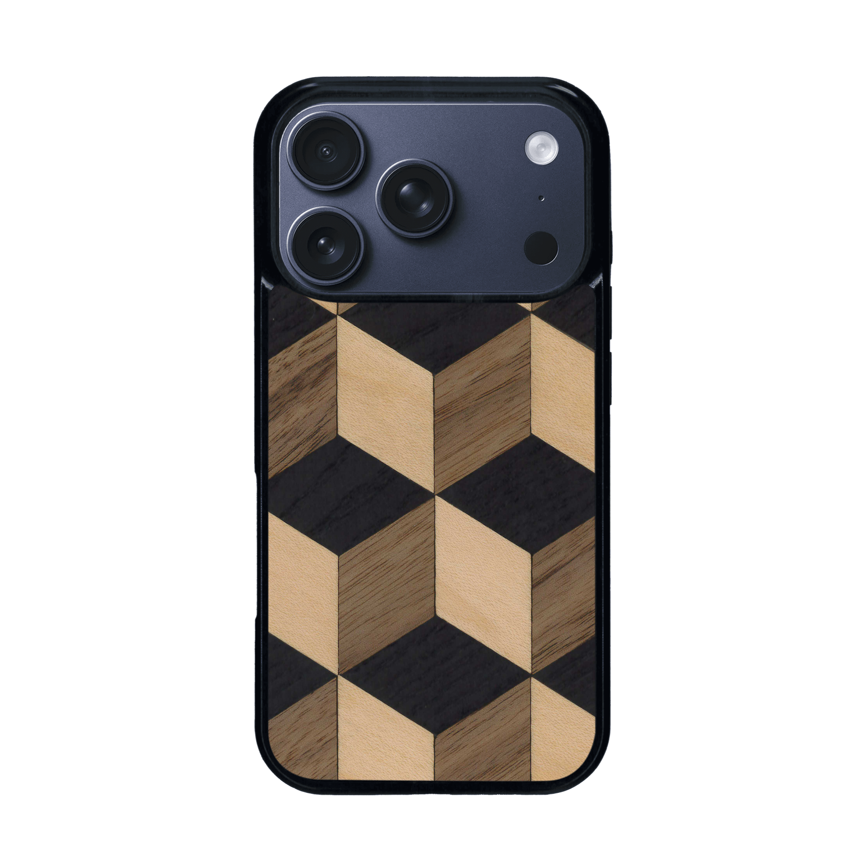 Coque de protection en bois véritable fabriquée en France pour iPhone 17 Pro alliant plusieurs essences de bois pour représenter un classique intemporel de la marqueterie