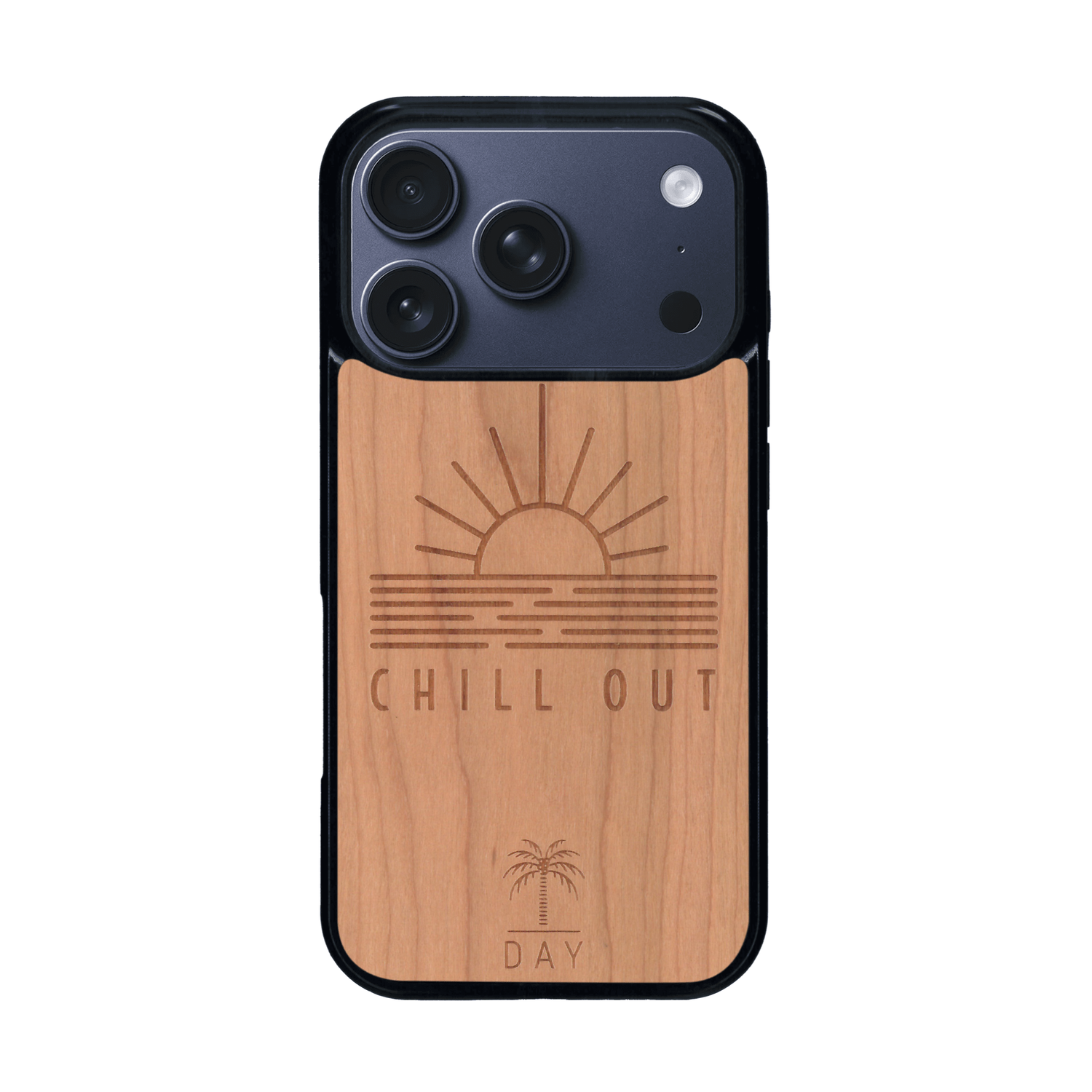 Coque de protection en bois véritable fabriquée en France pour iPhone 17 Pro sur le thème chill avec un motif représentant un couché de soleil sur l'océan et la phrase "Chill out"