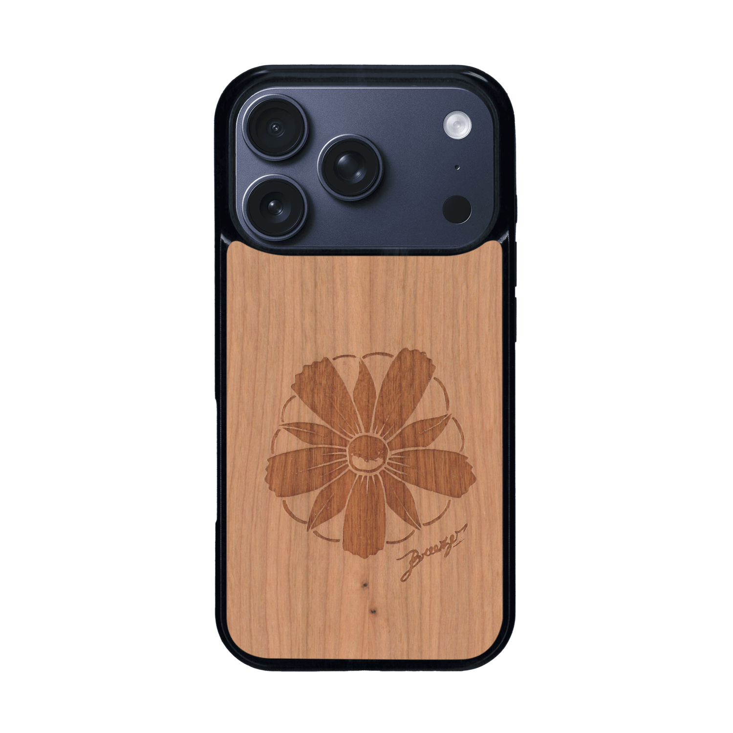 Coque de protection en bois véritable fabriquée en France pour iPhone 17 Pro sur le thème des fleurs et de la montagne avec un motif de gravure représentant les pétales d'une fleur des montagnes