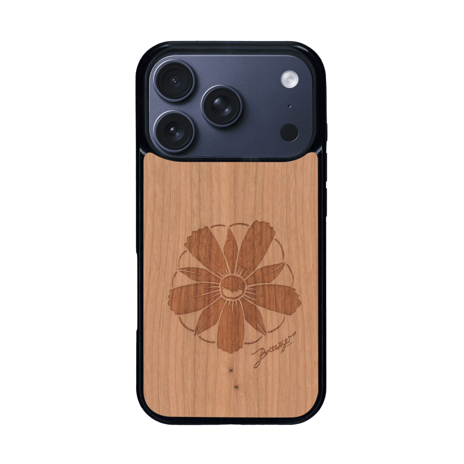 Coque de protection en bois véritable fabriquée en France pour iPhone 17 Pro sur le thème des fleurs et de la montagne avec un motif de gravure représentant les pétales d'une fleur des montagnes