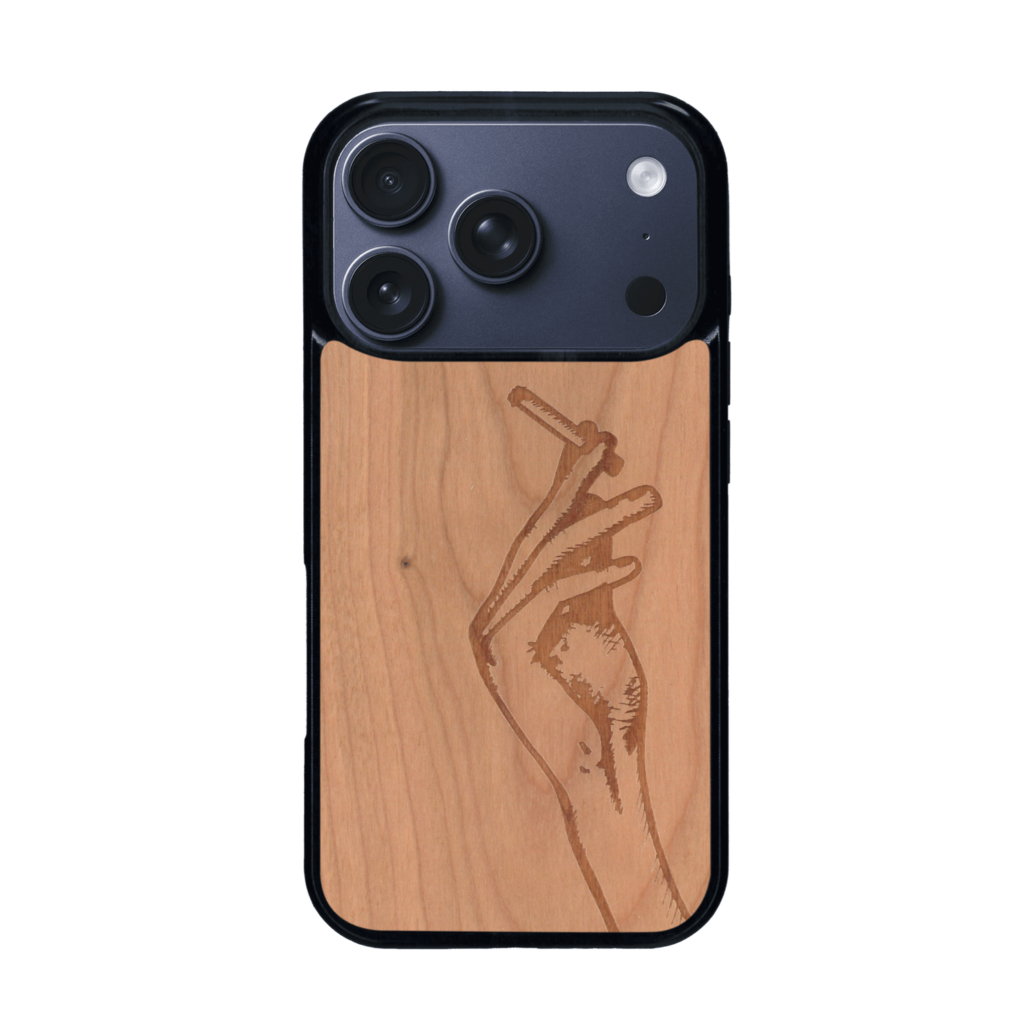 Coque de protection en bois véritable fabriquée en France pour iPhone 17 Pro représentant une main de femme tenant une cigarette de type line art en collaboration avec l'artiste Maud Dabs