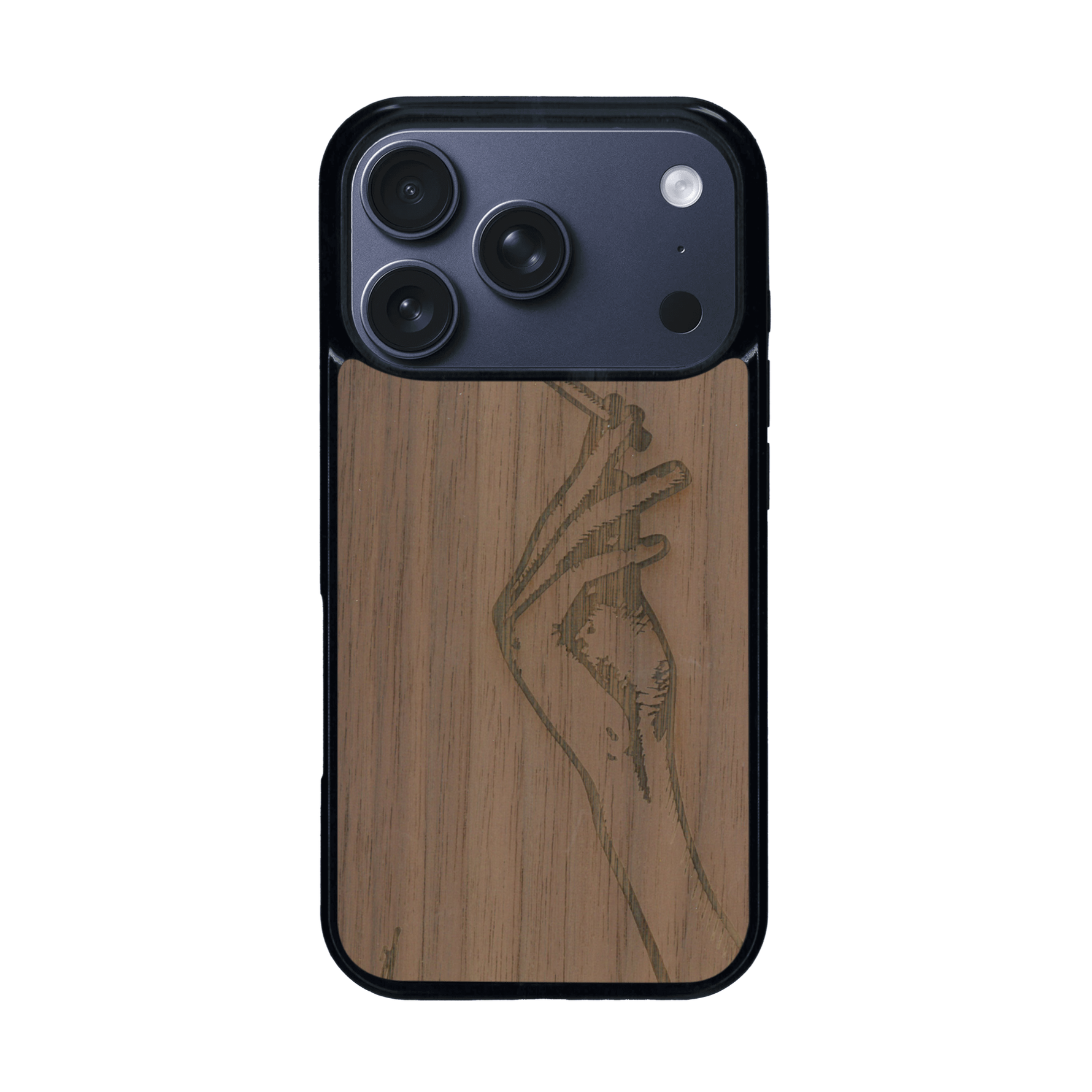 Coque de protection en bois véritable fabriquée en France pour iPhone 17 Pro représentant une main de femme tenant une cigarette de type line art en collaboration avec l'artiste Maud Dabs