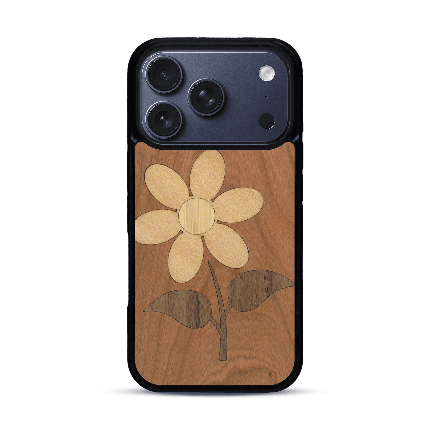 Coque de protection en bois véritable fabriquée en France pour  alliant plusieurs essences de bois pour représenter une marguerite