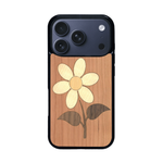 Coque de protection en bois véritable fabriquée en France pour iPhone 17 Pro alliant plusieurs essences de bois pour représenter une marguerite