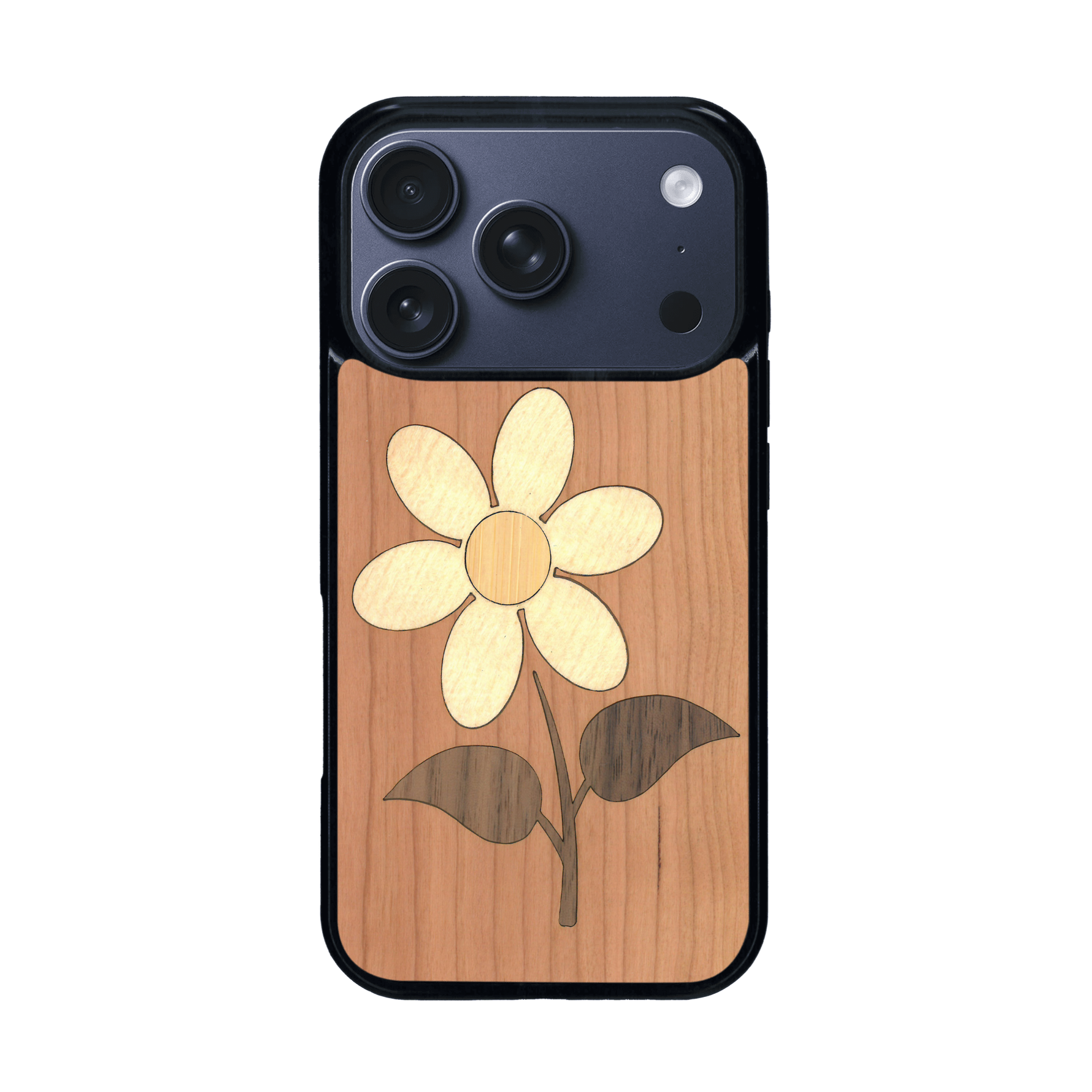 Coque de protection en bois véritable fabriquée en France pour iPhone 17 Pro alliant plusieurs essences de bois pour représenter une marguerite