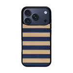 Coque de protection en bois véritable fabriquée en France pour iPhone 17 Pro alliant plusieurs essences de bois pour représenter une marinière