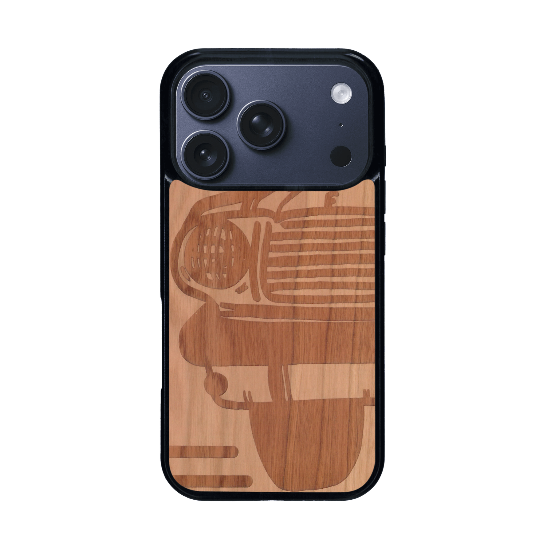 Coque de protection en bois véritable fabriquée en France pour iPhone 17 Pro sur le thème de l'automobile avec une authentique Mustang