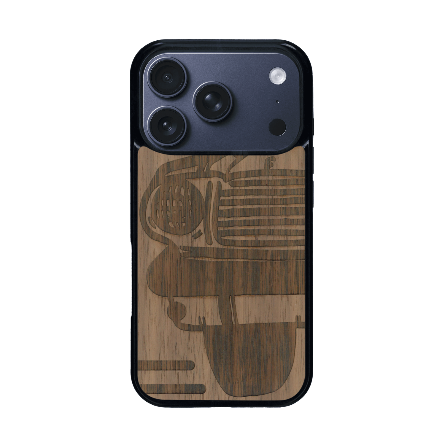 Coque de protection en bois véritable fabriquée en France pour iPhone 17 Pro sur le thème de l'automobile avec une authentique Mustang