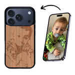 Coque de protection en bois véritable fabriquée en France pour iPhone 17 Pro avec gravure personnalisée à partir d'une photo, d'une image, d'un logo, des initials ou d'une phrase