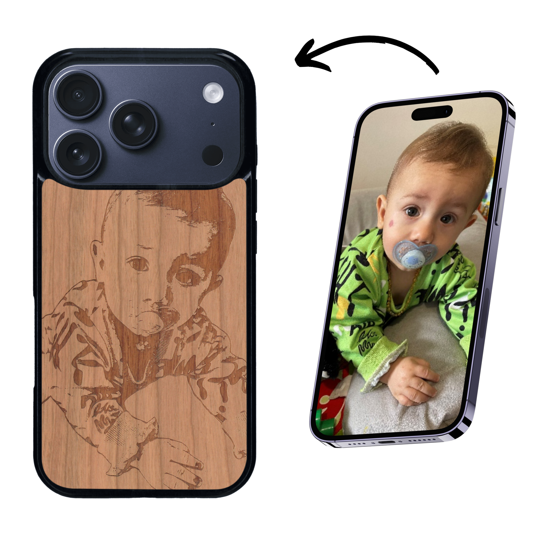 Coque de protection en bois véritable fabriquée en France pour iPhone 17 Pro avec gravure personnalisée à partir d'une photo, d'une image, d'un logo, des initials ou d'une phrase