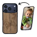 Coque de protection en bois véritable fabriquée en France pour iPhone 17 Pro avec gravure personnalisée à partir d'une photo, d'une image, d'un logo, des initials ou d'une phrase