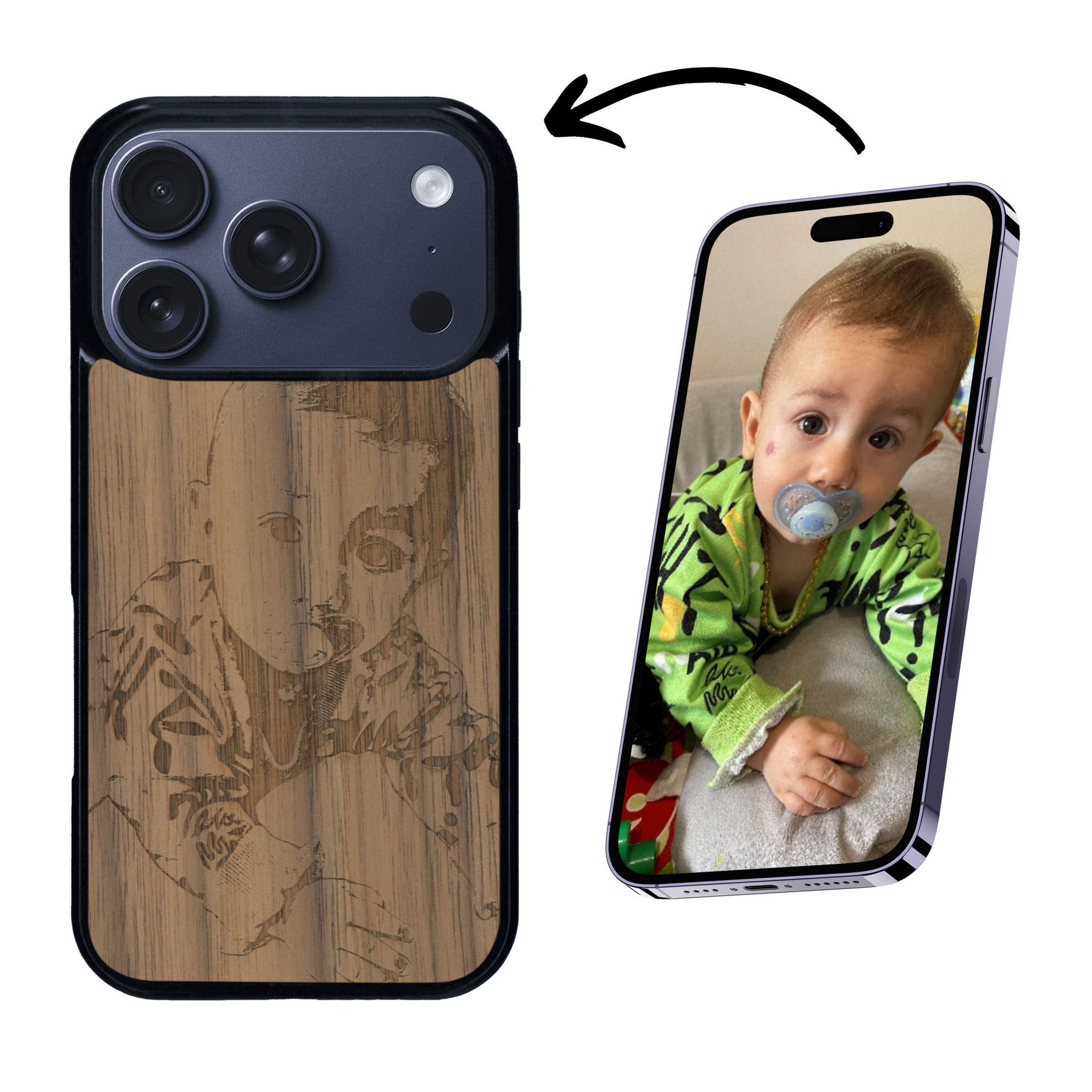 Coque de protection en bois véritable fabriquée en France pour iPhone 17 Pro avec gravure personnalisée à partir d'une photo, d'une image, d'un logo, des initials ou d'une phrase