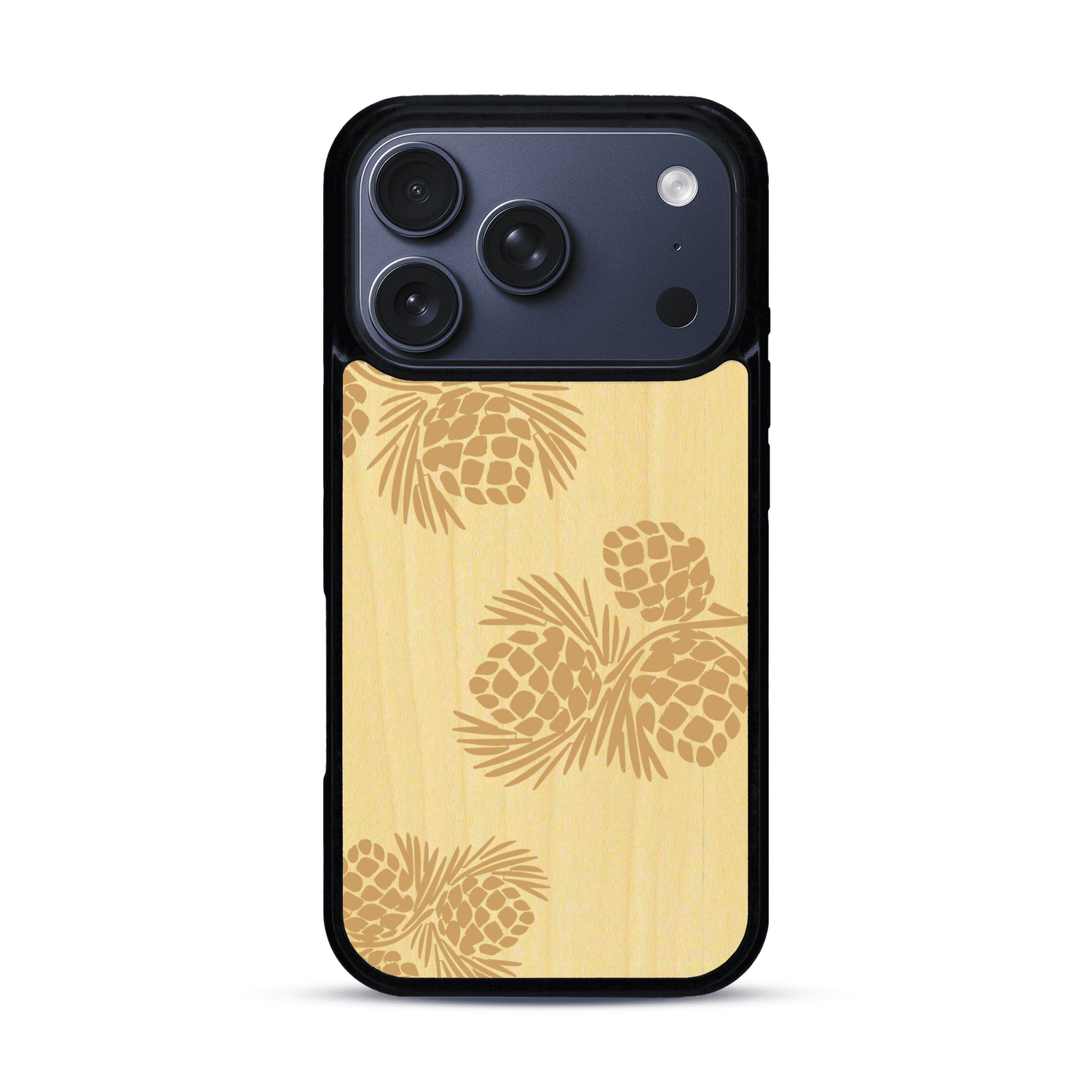 Coque de protection en bois véritable fabriquée en France pour  sur le thème de la nature des arbres avec un motif de gravure représentant des épines de sapin et des pommes de pin