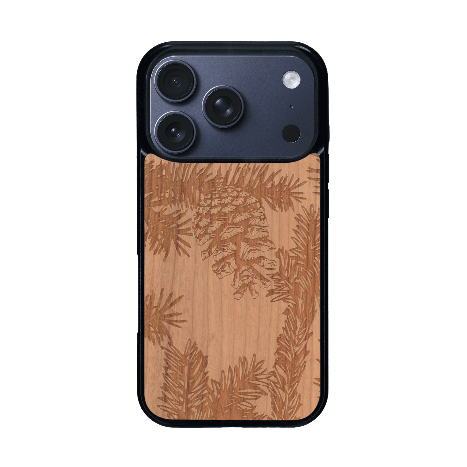 Coque de protection en bois véritable fabriquée en France pour iPhone 17 Pro sur le thème de la nature des arbres avec un motif de gravure représentant des épines de sapin et des pommes de pin