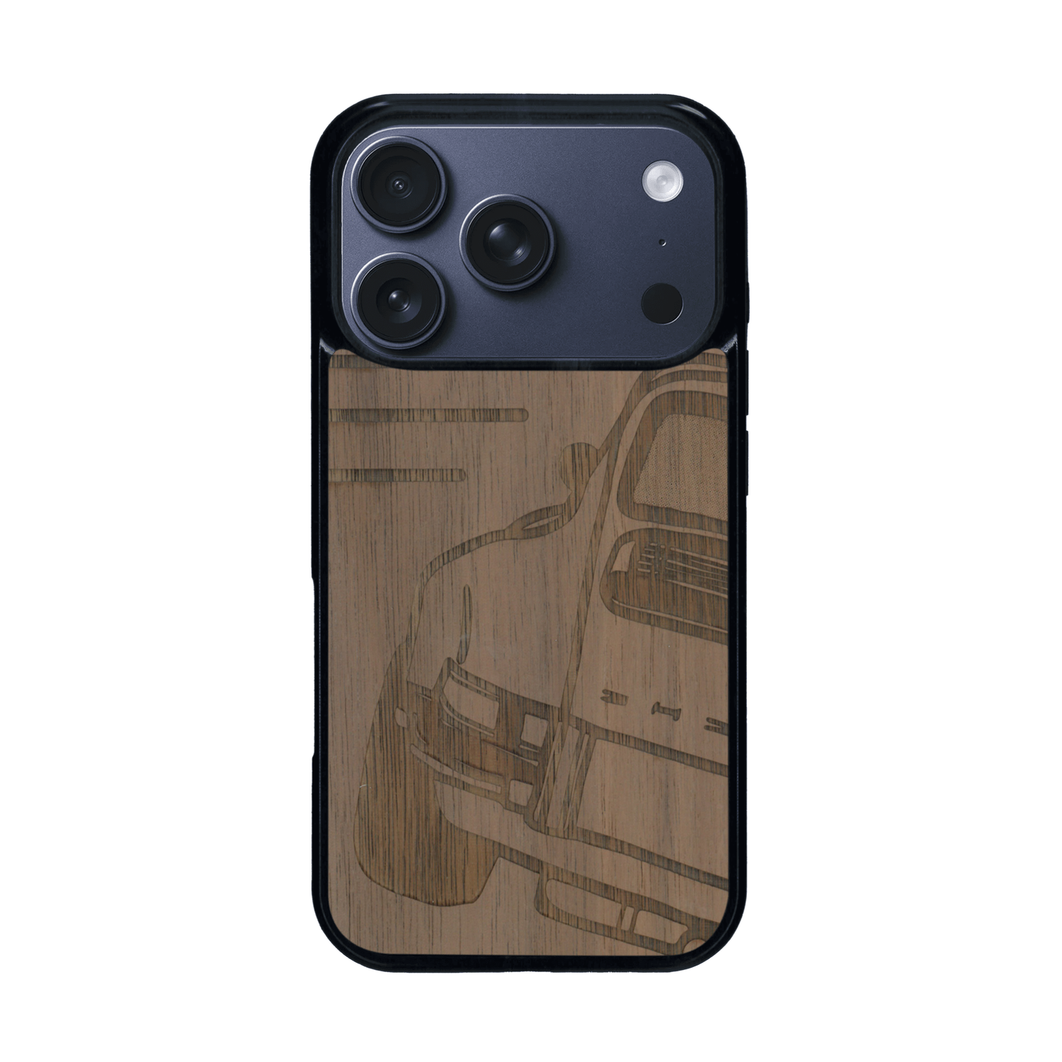 Coque de protection en bois véritable fabriquée en France pour iPhone 17 Pro sur le thème de l'automobile avec une authentique Porsche