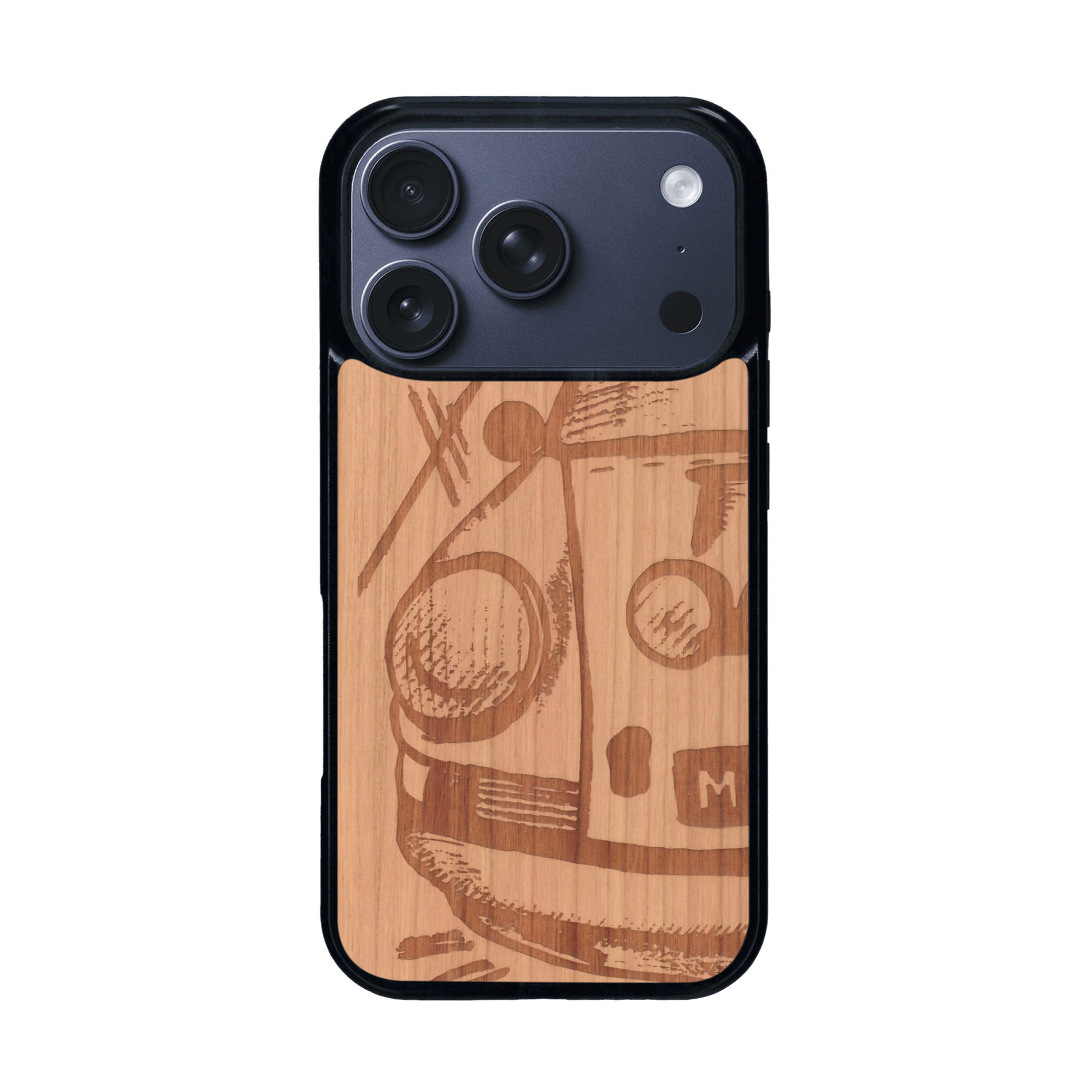 Coque de protection en bois véritable fabriquée en France pour iPhone 17 Pro sur le thème de l'automobile avec une authentique Porsche