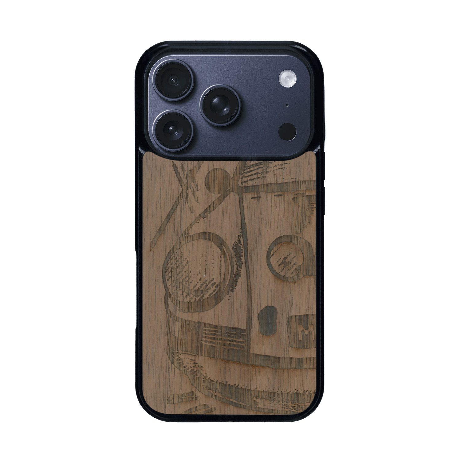 Coque de protection en bois véritable fabriquée en France pour iPhone 17 Pro sur le thème de l'automobile avec une authentique Porsche