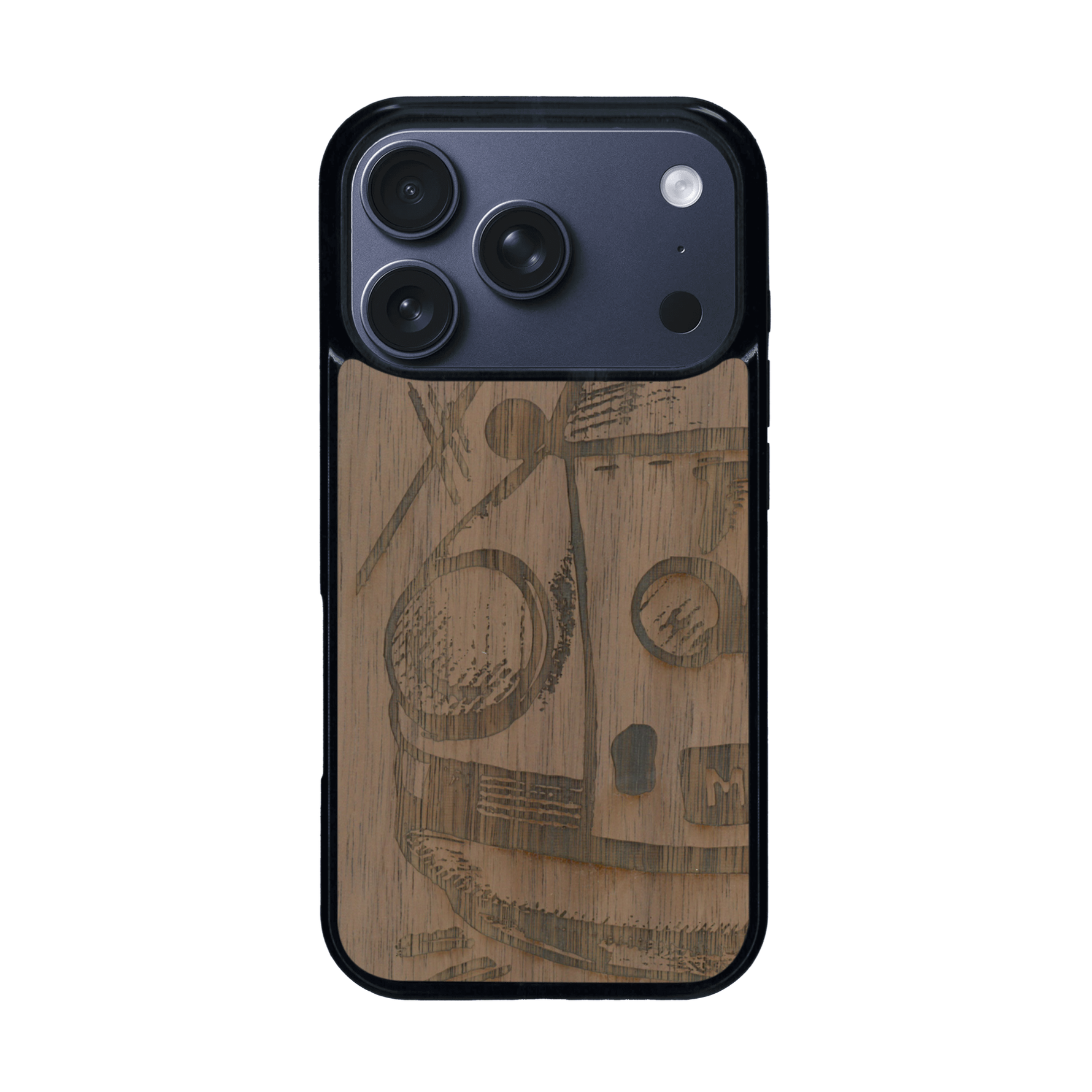 Coque de protection en bois véritable fabriquée en France pour iPhone 17 Pro sur le thème de l'automobile avec une authentique Porsche