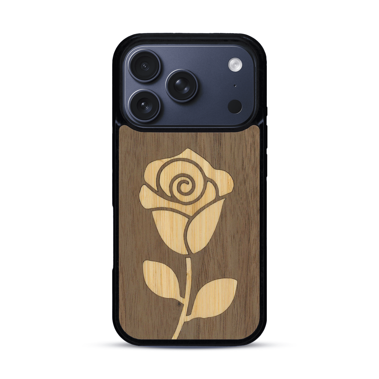 Coque de protection en bois véritable fabriquée en France pour  alliant plusieurs essences de bois pour représenter une rose