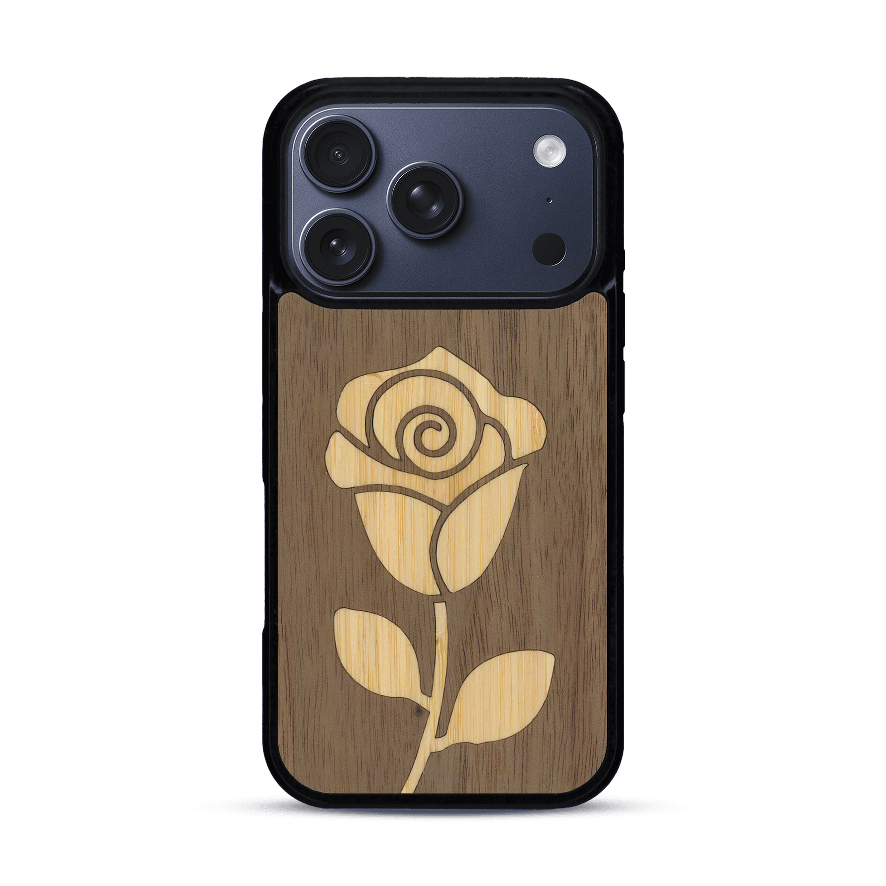 Coque de protection en bois véritable fabriquée en France pour  alliant plusieurs essences de bois pour représenter une rose