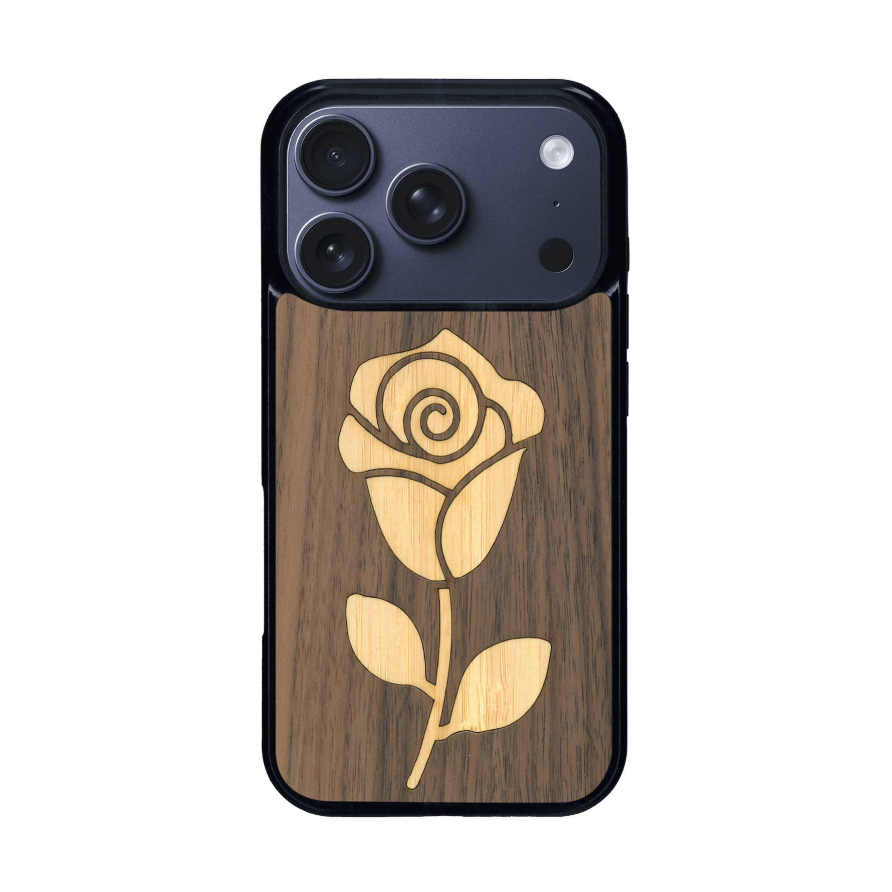 Coque de protection en bois véritable fabriquée en France pour iPhone 17 Pro alliant plusieurs essences de bois pour représenter une rose